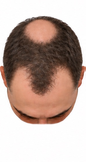 Illustration of stage 4 of the Norwood scale of male pattern hair loss, seen from above: crown thins too.