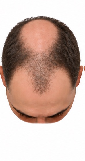Illustration of stage 5 of the Norwood scale of male pattern hair loss, seen from above: bridge narrows.