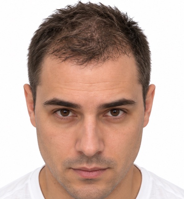 The same man on the same day with the same hair, photographed at eye level under soft front light with his hair dry and styled forward, so it looks noticeably thicker.