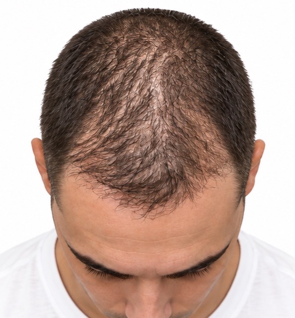 Illustration of a man photographed from above under harsh overhead light with his hair damp and combed flat, so the scalp shows through and the hair looks sparse.